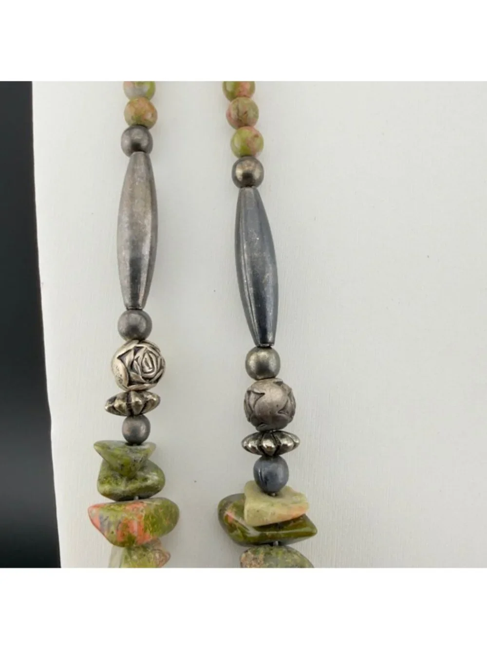 Vintage Stone Jasper Liquid Silver 2 Strand Beaded Statement Necklace 24